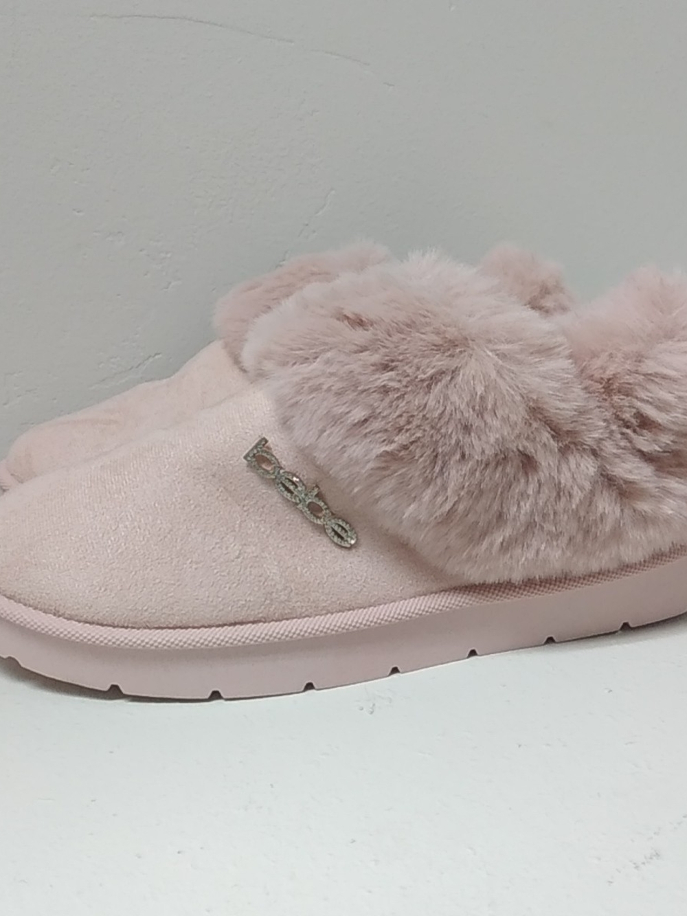bebe Pink Faux Fur Slip-On Slippers with Crystal Logo Size 8
